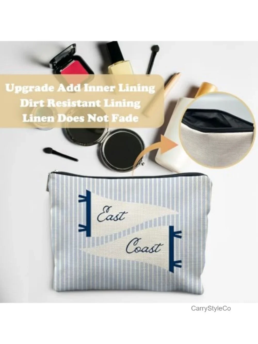 Linen Canvas Coastal Striped Cosmetic Bag for Women, Travel Makeup Pouch